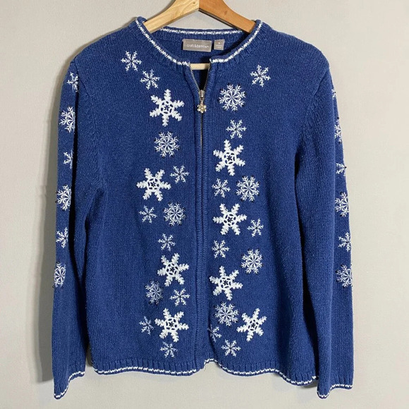 Vtg Croft & Barrow Snowflake Christmas Silk Full Zip Sweater Women's Small Blue - Picture 4 of 12